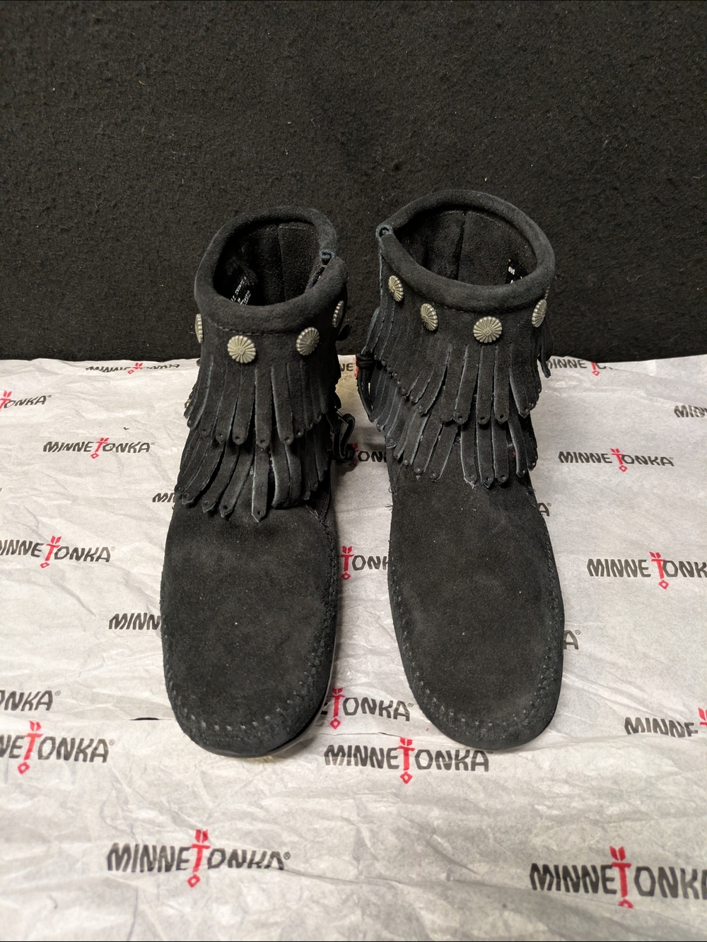 Minnetonka Black Suede Fringe Ankle Boots